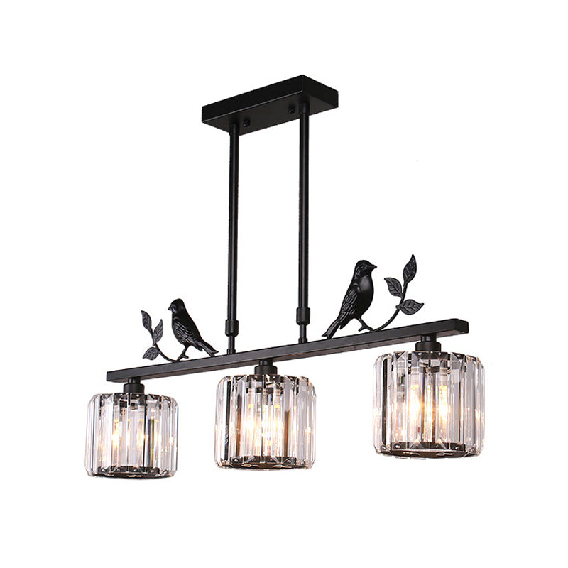 Présentation du cylindre à 3 bulbs Light Postmodern Black / Gol Crystal Prism Pendant avec décoration d'oiseaux et de feuilles