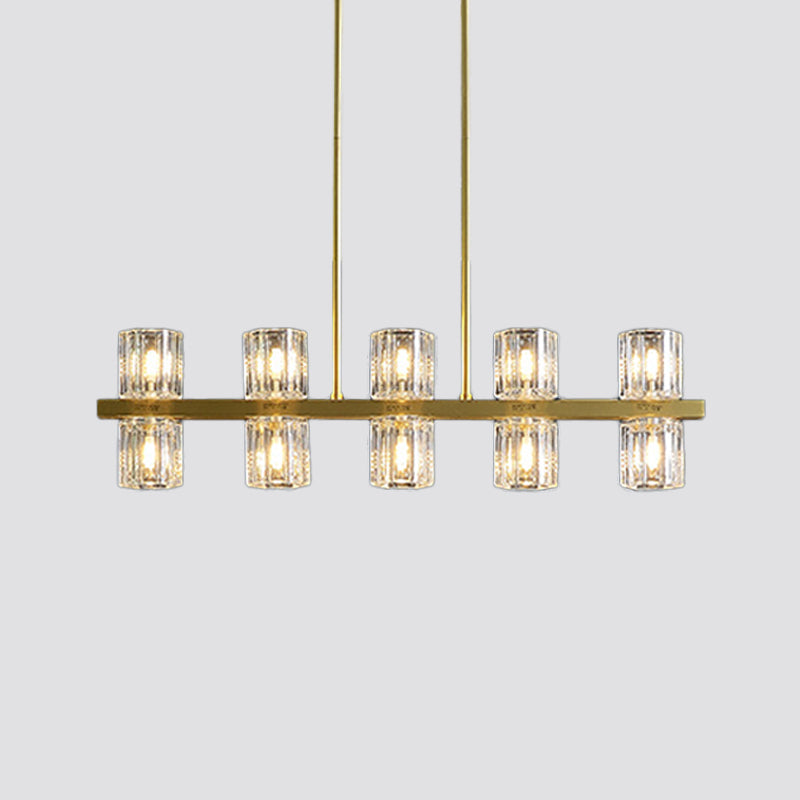 Cylindrical Crystal Island Pendant Postmodern 10/20 Lights Dining Table Hanging Light Fixture in Gold