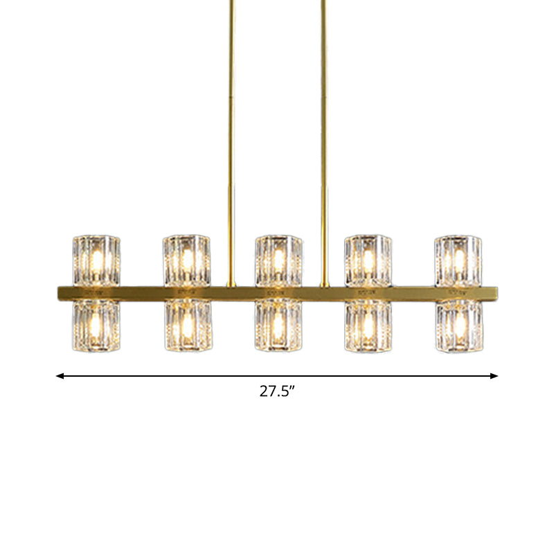 Cylindrical Crystal Island Pendant Postmodern 10/20 Lights Dining Table Hanging Light Fixture in Gold