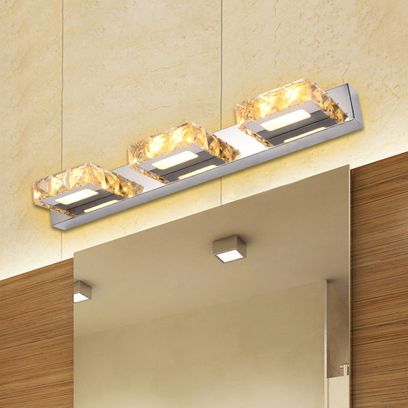 3/4-Light Beveled Crystal Vanity Sconce Modern Stainless Steel Round/Square Bathroom Wall Mount Lamp