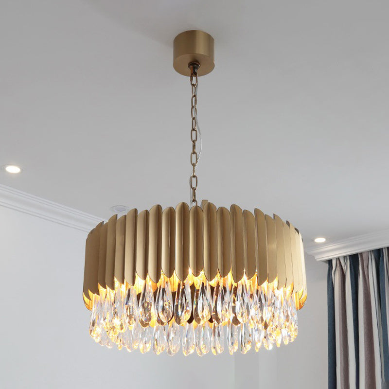 23.5"/31.5" W Metal Drum Suspension Lamp Minimalist Living Room LED Pendant Chandelier in Black/Gold with Crystal Drip