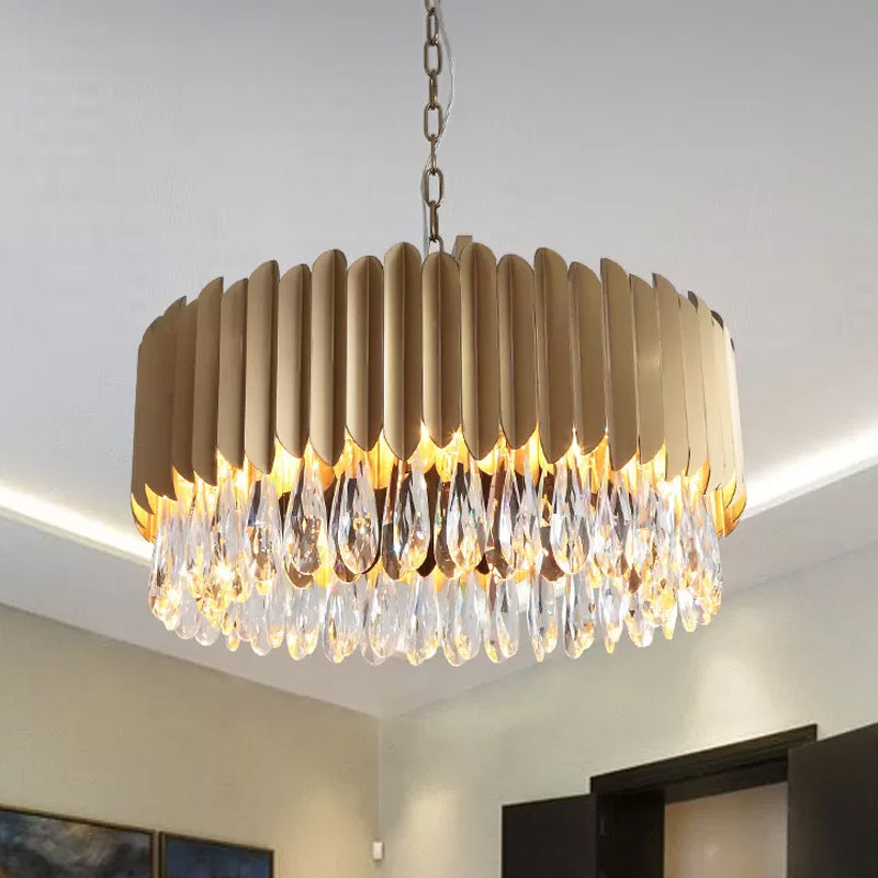 23.5"/31.5" W Metal Drum Suspension Lamp Minimalist Living Room LED Pendant Chandelier in Black/Gold with Crystal Drip