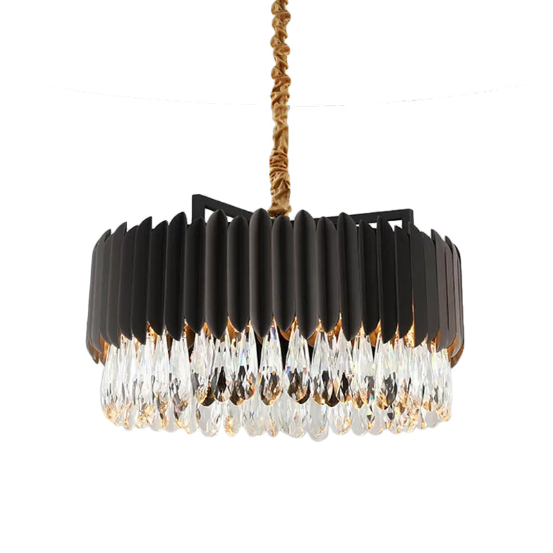 23.5"/31.5" W Metal Drum Suspension Lamp Minimalist Living Room LED Pendant Chandelier in Black/Gold with Crystal Drip