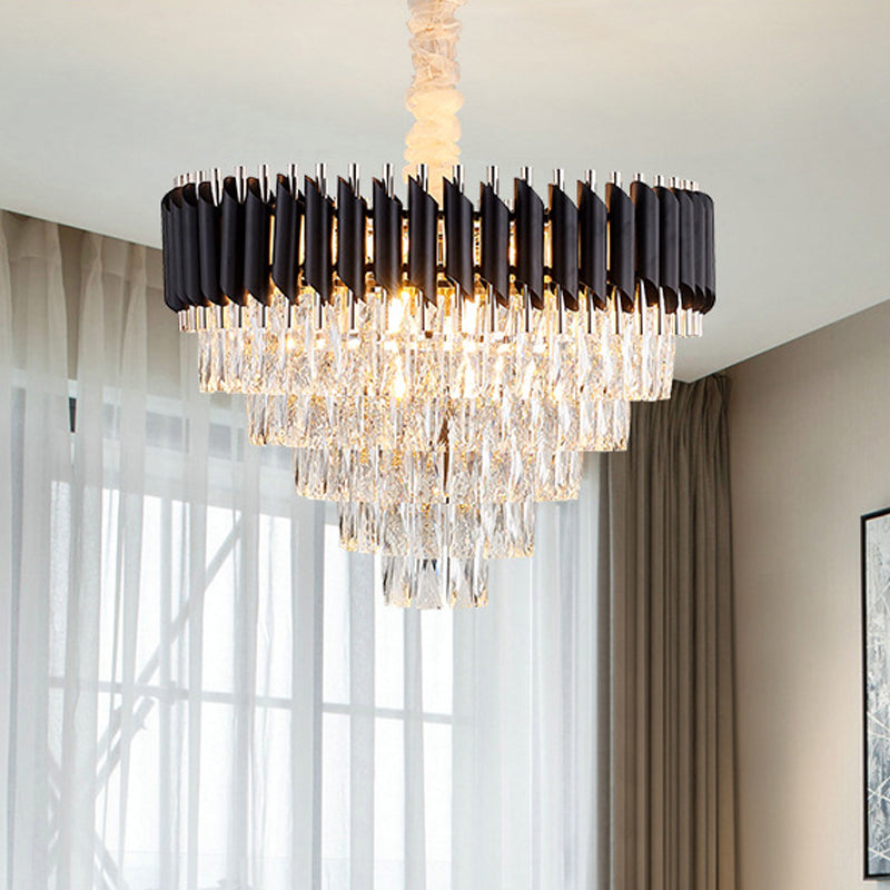 K9 Crystal Prism Cone Chandelier Pendant Modern 10/13/33 Lights Living Room Down Lighting Pendant in Black
