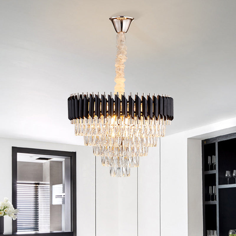 K9 Crystal Prism Cone Chandelier Pendant Modern 10/13/33 Lights Living Room Down Lighting Pendant in Black