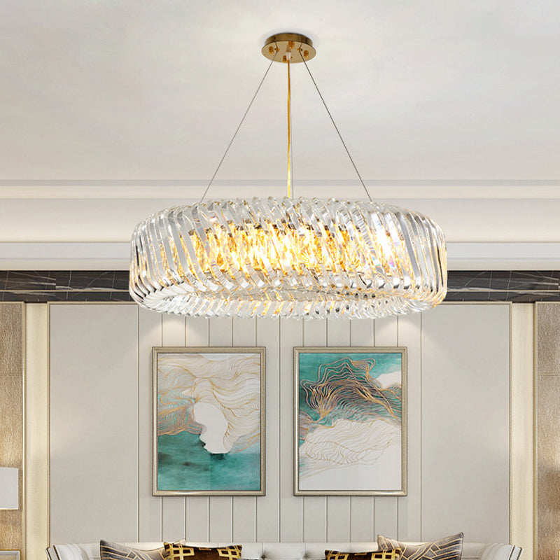 Minimalist Drum Pendant Lighting 4/8/12-Light Clear K9 Crystal Chandelier Light Fixture in Gold