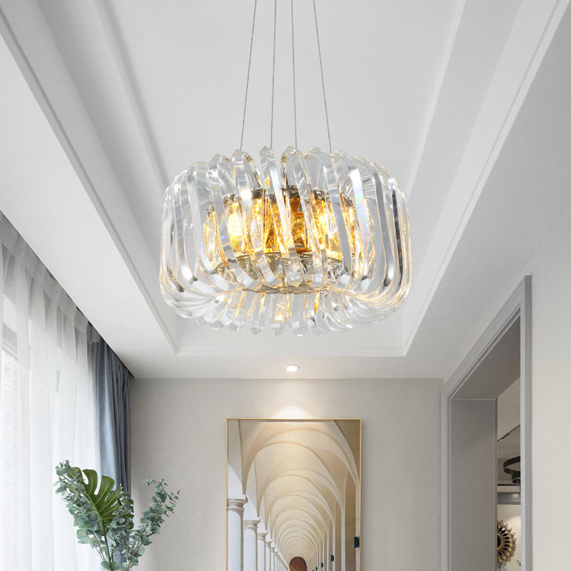 Minimalist Drum Pendant Lighting 4/8/12-Light Clear K9 Crystal Chandelier Light Fixture in Gold