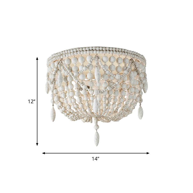 Retro Beaded Flush Mount Light 6 Heads Wood Close to Ceiling Lamp in Distressed White