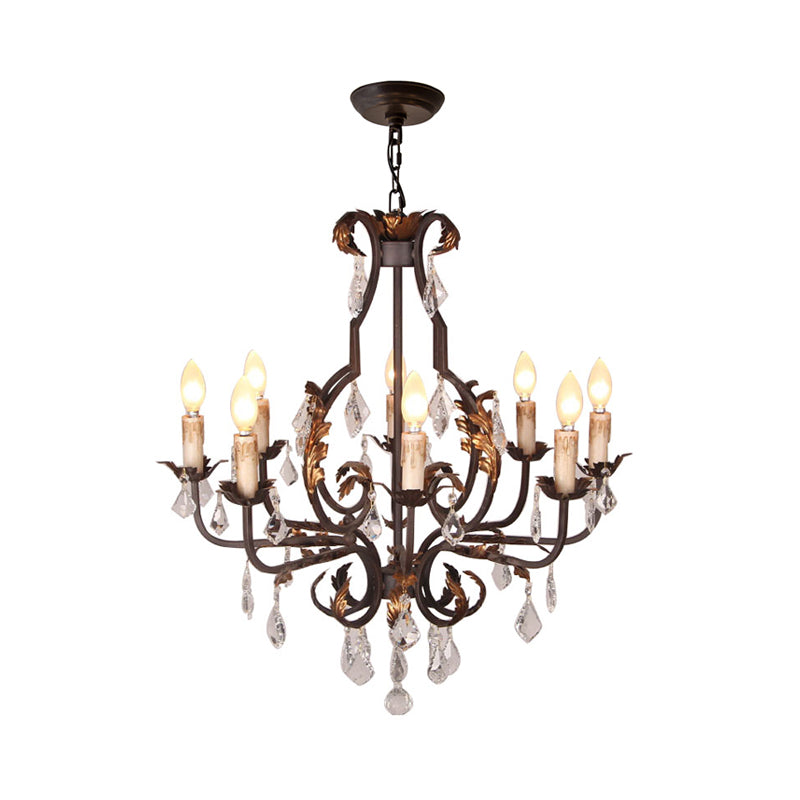 Rust Swooping Arm Chandelier Lampe Trawork Wood Living Living Pendant Light Kit avec accent en cristal
