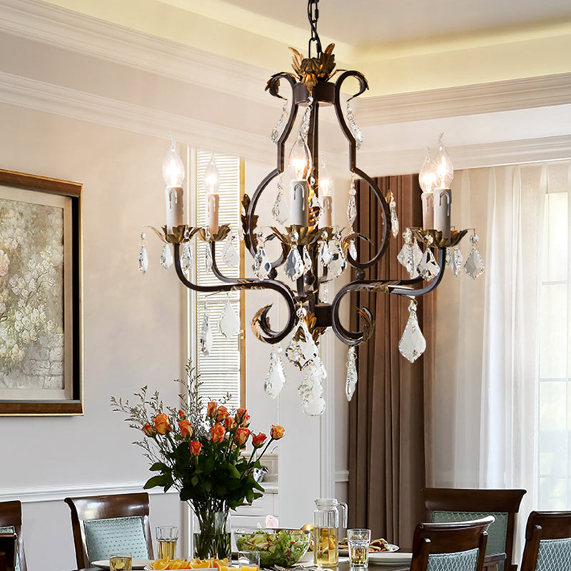 Rust Swooping Arm Chandelier Lampe Trawork Wood Living Living Pendant Light Kit avec accent en cristal