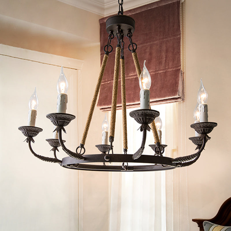 Candélabre salon lustre rétro métallique de la rouille du pendentif éclairage avec corde de chanvre