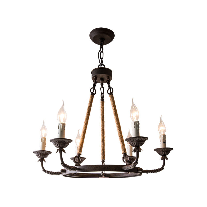 Candélabre salon lustre rétro métallique de la rouille du pendentif éclairage avec corde de chanvre