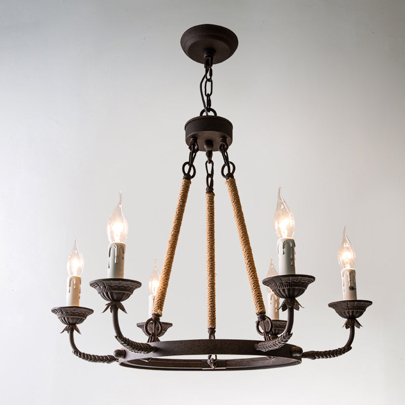 Candélabre salon lustre rétro métallique de la rouille du pendentif éclairage avec corde de chanvre