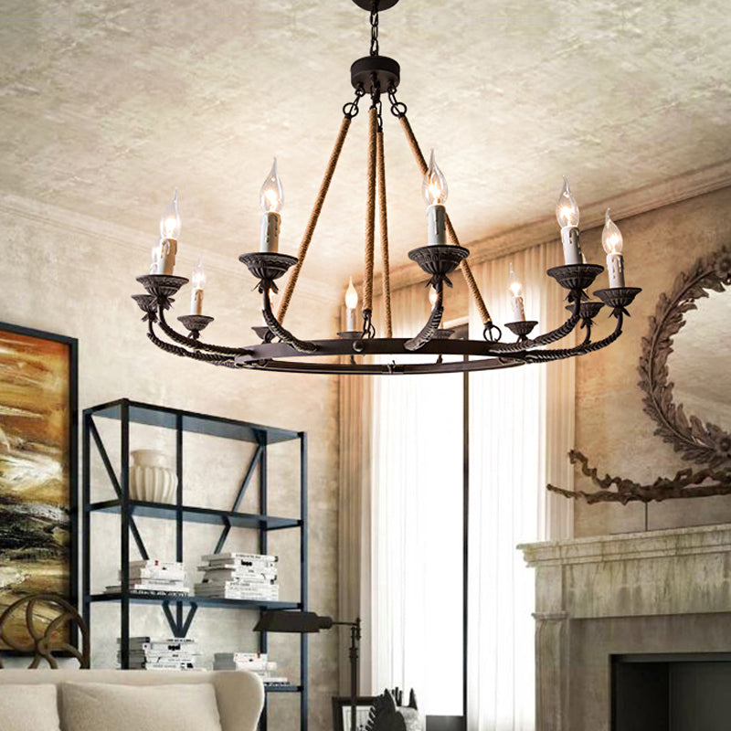 Candélabre salon lustre rétro métallique de la rouille du pendentif éclairage avec corde de chanvre