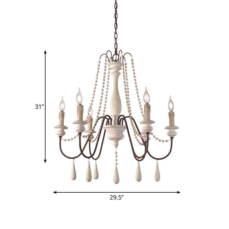 Rural Candle Pendulum Light 6 Bulbs Wood Chandelier Lighting Fixture in White with Bead Strand