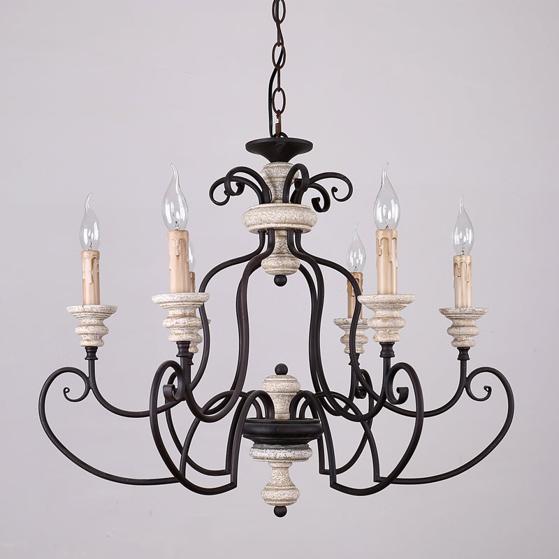 Rust 6 Heads Ceiling Chandelier Country Metal Scrolled Arm Suspension Lamp with Candle Design