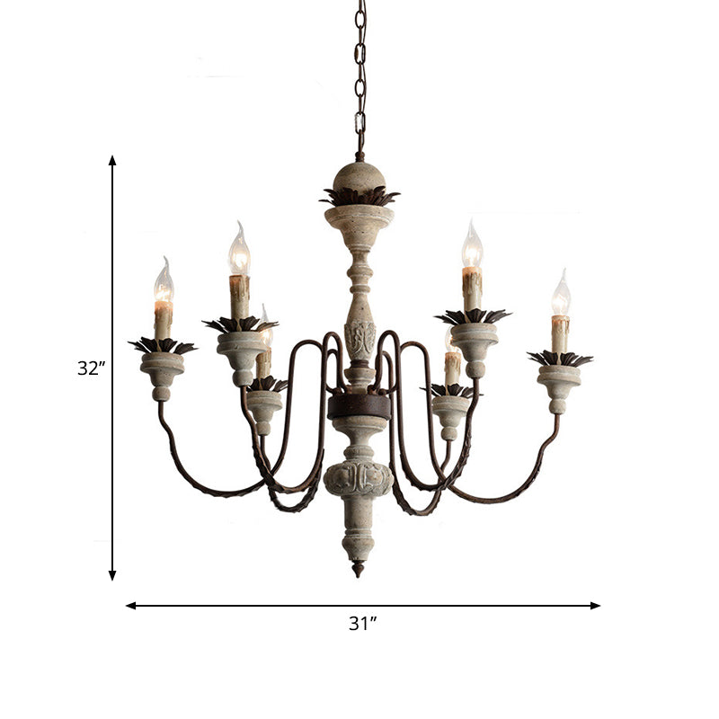 Candle Wood Pendant Chandelier Traditional 6 Lights Living Room Wood Suspension Lighting in Distressed White