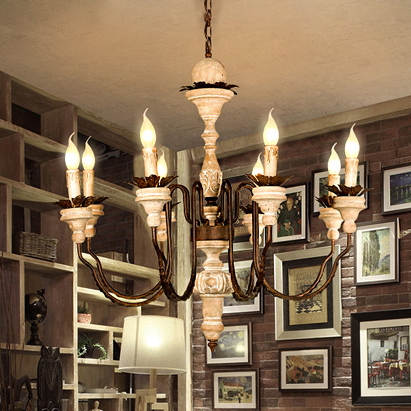White Candle Hanging Lamp Kit Retro Distressed Wood Living Room Chandelier Light with Swooping Arm
