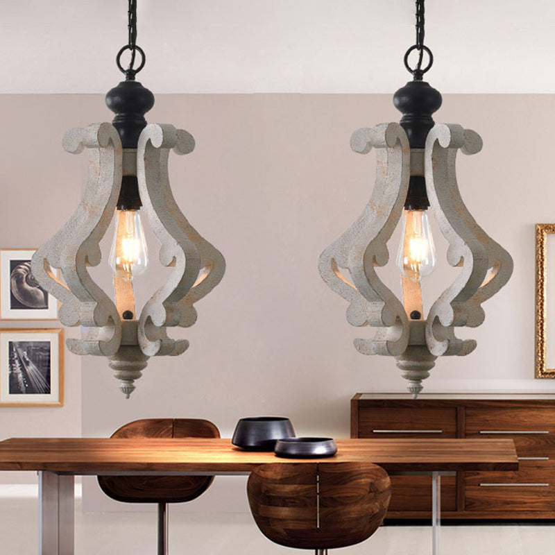 Wood Distressed White Pendant Light Scrolled Frame 1 Bulb Traditional Style Hanging Lamp Kit for Dining Room