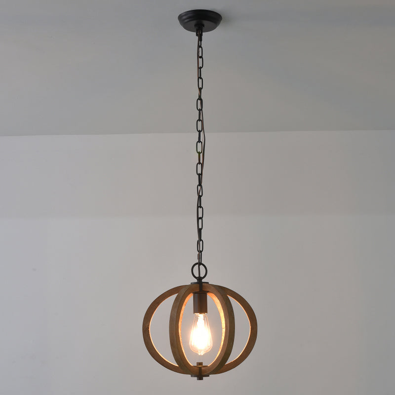 Caged Distressed Wood Hanging Pendant Light Country 1 Head Dining Room Suspension Lighting