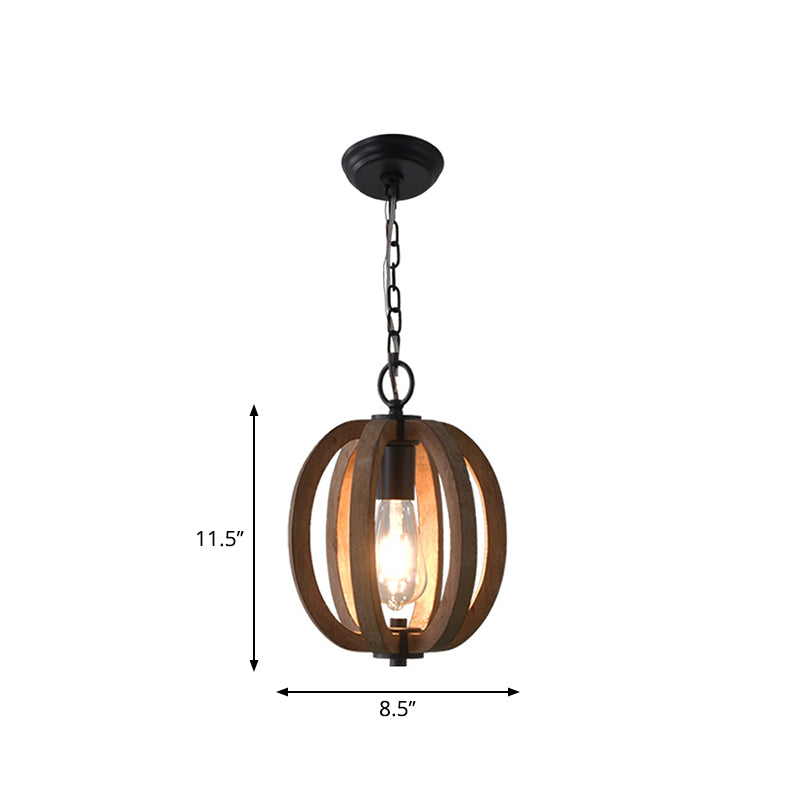 Caged Distressed Wood Hanging Pendant Light Country 1 Head Dining Room Suspension Lighting