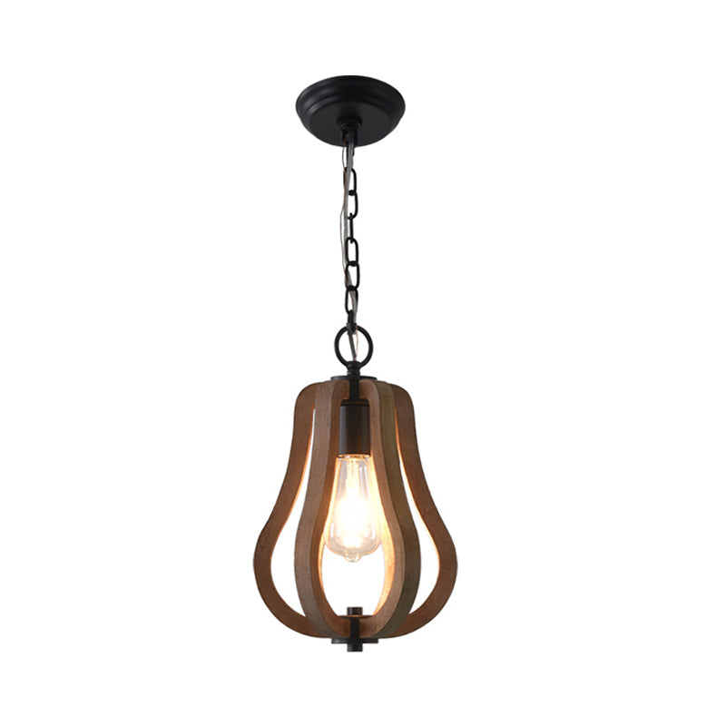 Caged Distressed Wood Hanging Pendant Light Country 1 Head Dining Room Suspension Lighting