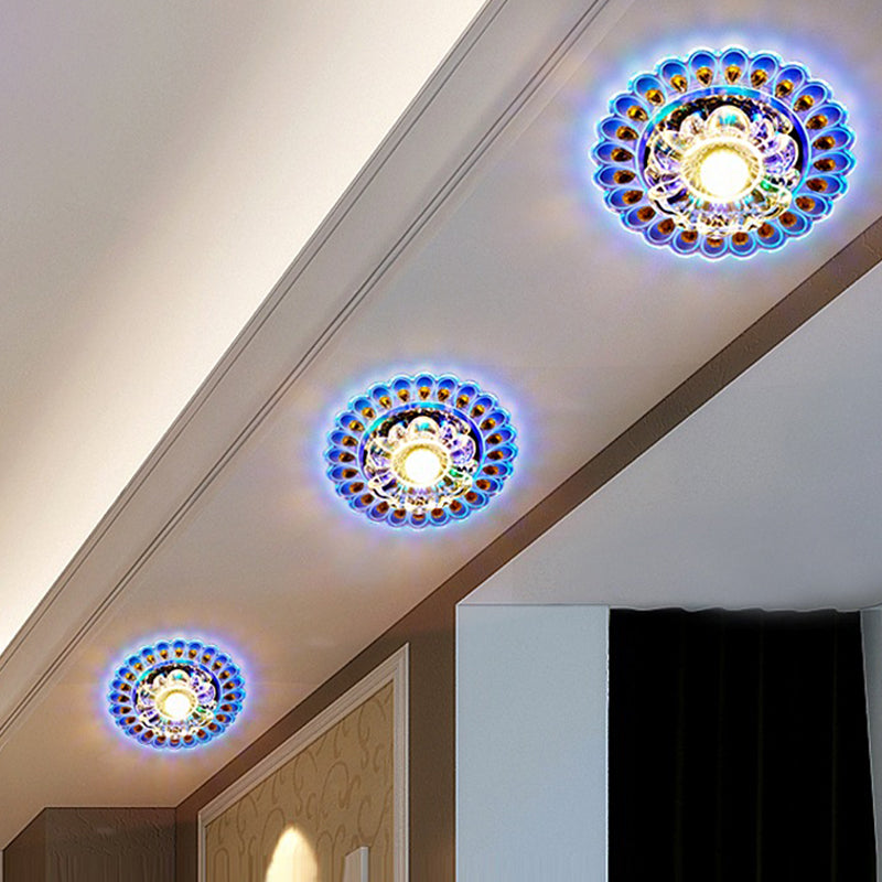 Simple Flower Flushmount Clear Crystal LED Corridor Close to Ceiling Light with Peacock Tail Edge