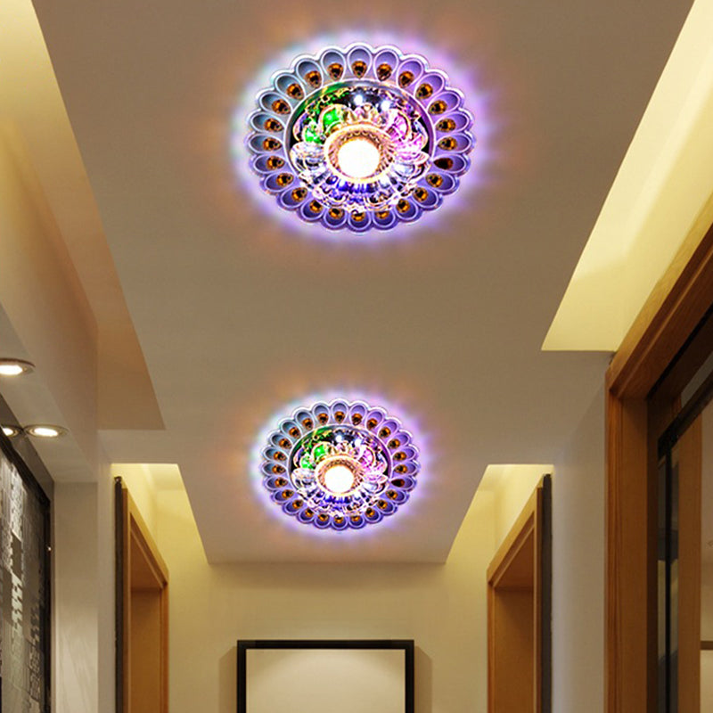 Simple Flower Flushmount Clear Crystal LED Corridor Close to Ceiling Light with Peacock Tail Edge