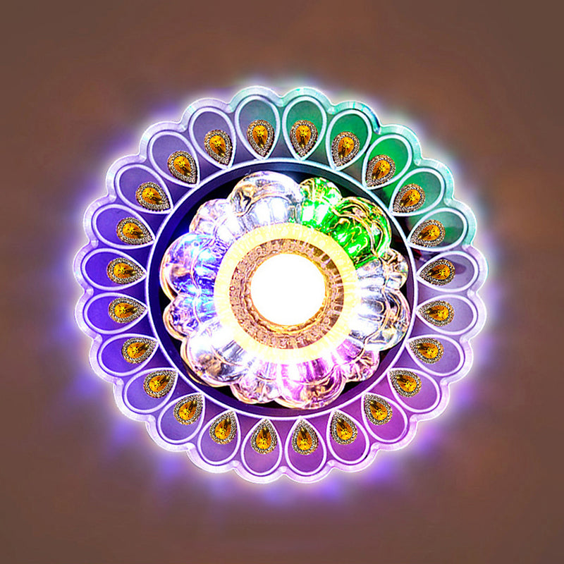 Simple Flower Flushmount Clear Crystal LED Corridor Close to Ceiling Light with Peacock Tail Edge