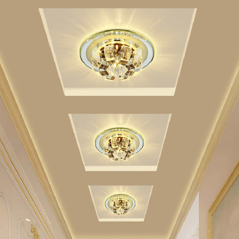 Modern LED Flush Mount Lighting Chrome Floral Ceiling Light with Faceted Crystal Shade