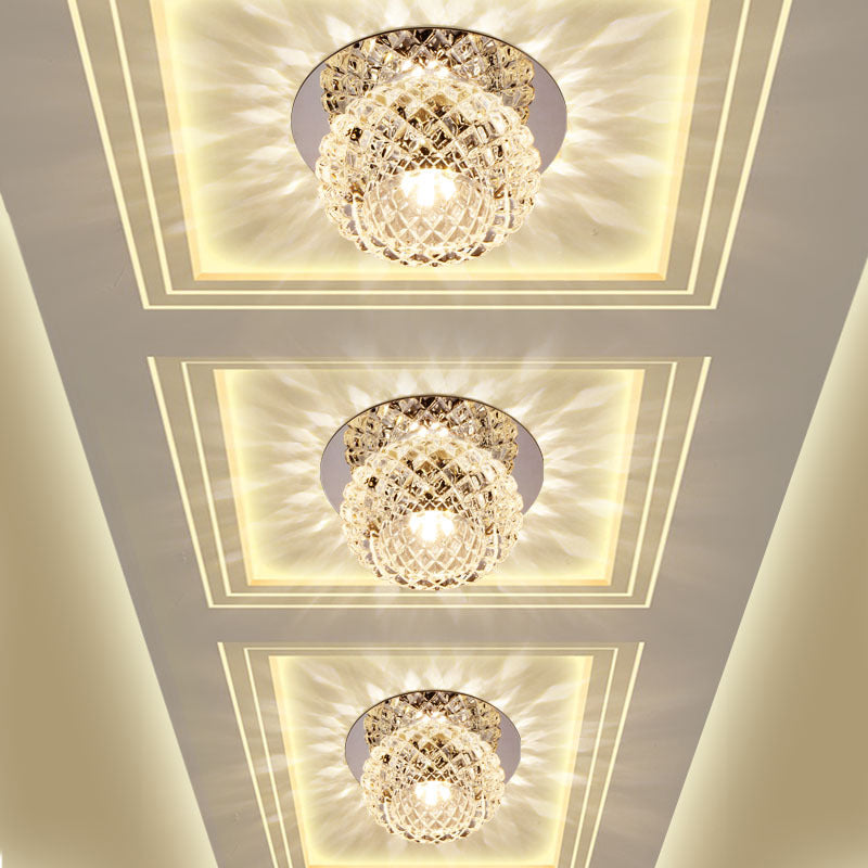 Spherical Foyer Flush Mount Light Faceted Crystal LED Simple Flushmount Lighting in Chrome