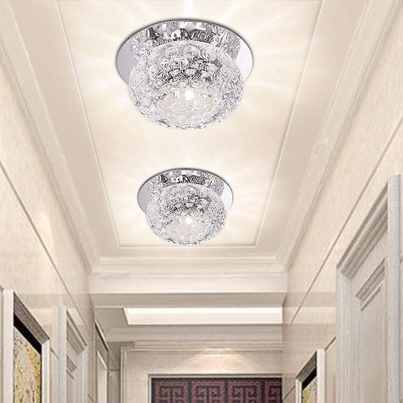 Clear Crystal Round Ceiling Lighting Modern LED Flush Mount Light in Chrome for Corridor
