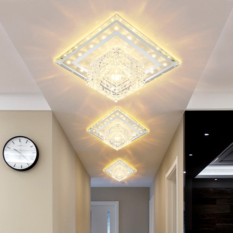Geometrical Foyer Ceiling Light Fixture Faceted Crystal LED Simplicity Flush Mount in Chrome
