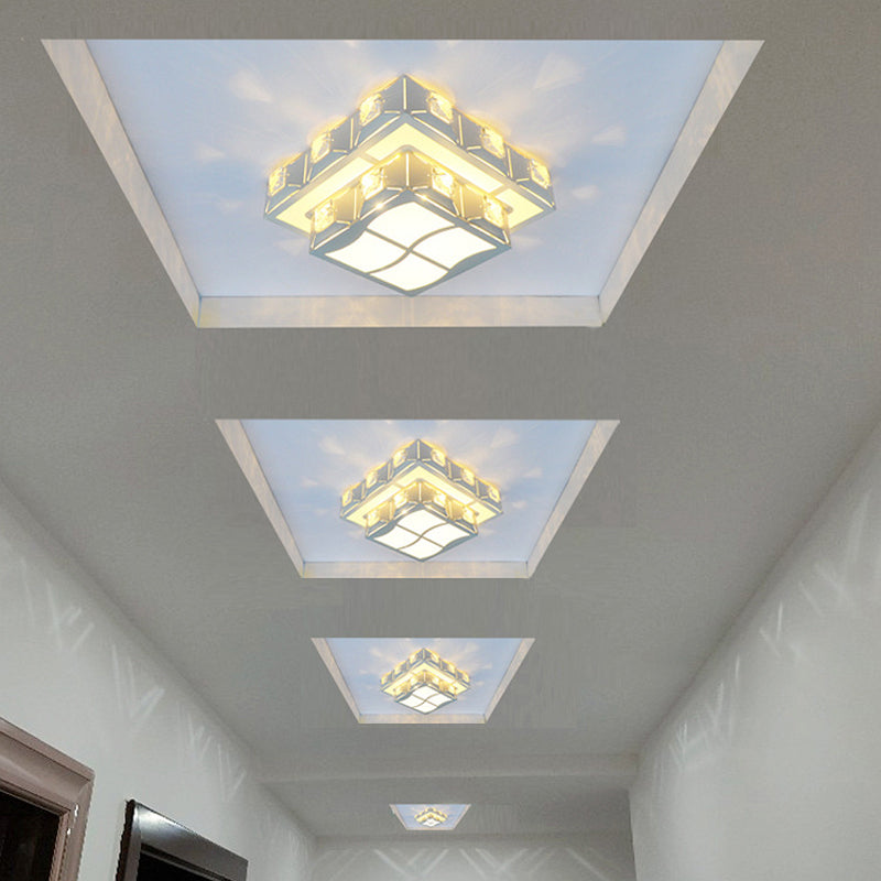 Minimal 2-Tier Geometry Ceiling Lighting Acrylic Porch LED Crystal Flush Light Fixture in Chrome with Hollow-out Design