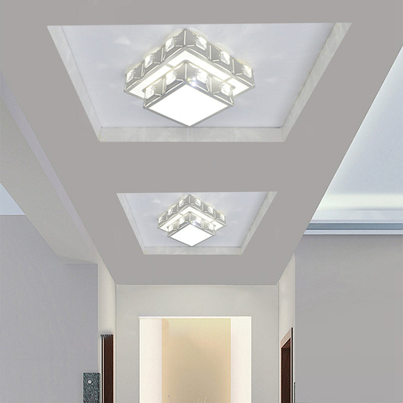 Minimal 2-Tier Geometry Ceiling Lighting Acrylic Porch LED Crystal Flush Light Fixture in Chrome with Hollow-out Design
