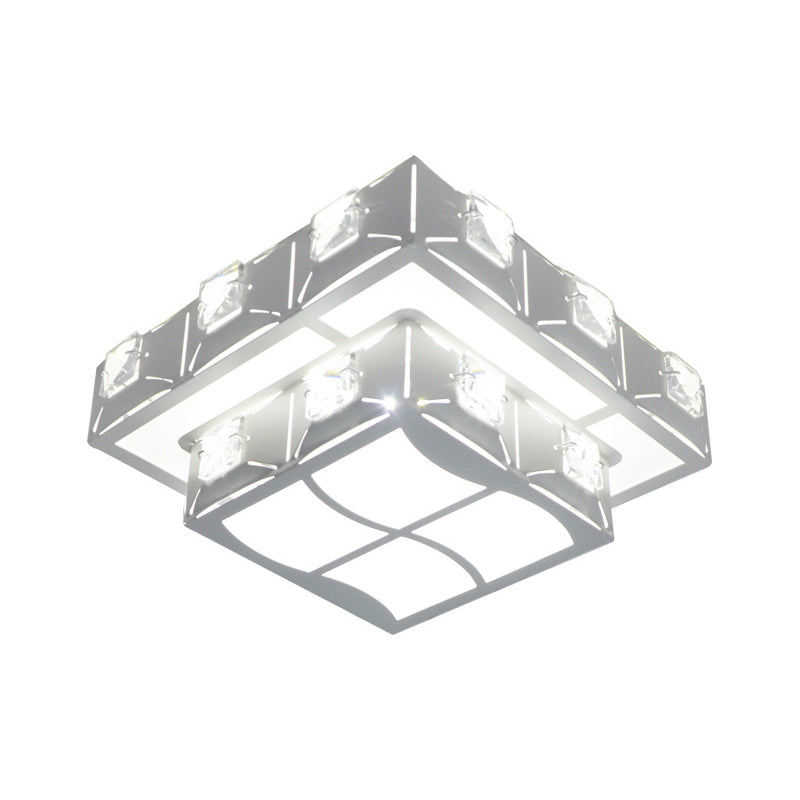 Minimal 2-Tier Geometry Ceiling Lighting Acrylic Porch LED Crystal Flush Light Fixture in Chrome with Hollow-out Design