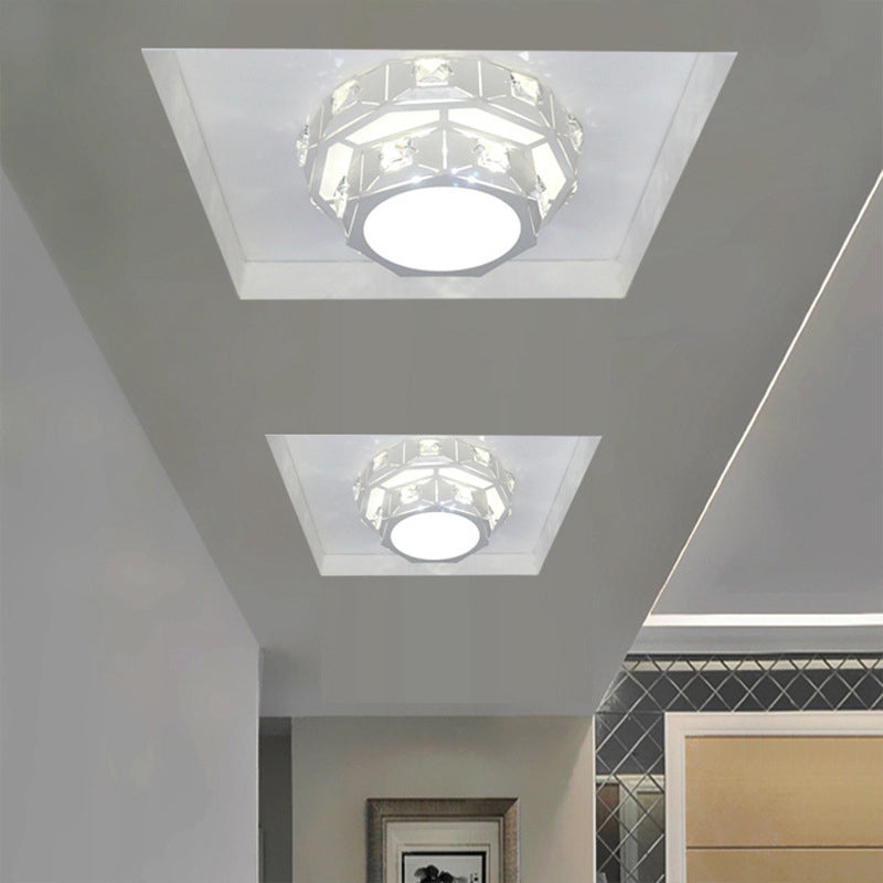 Minimal 2-Tier Geometry Ceiling Lighting Acrylic Porch LED Crystal Flush Light Fixture in Chrome with Hollow-out Design