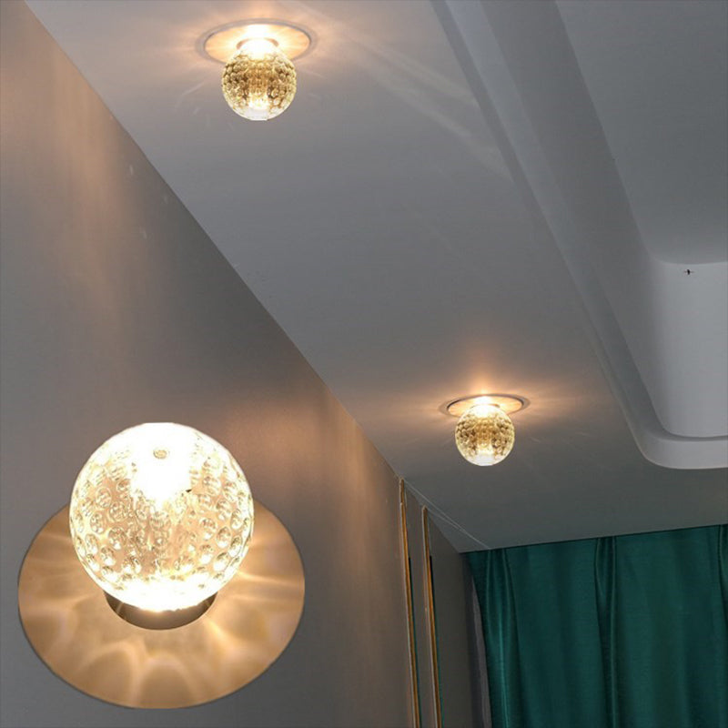 Nordic Spherical Flush Mount Fixture Clear Hammered Crystal LED Hallway Close to Ceiling Lighting