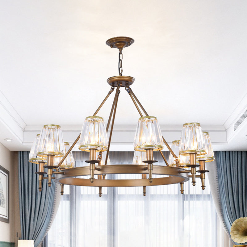 Faceted Crystal Hanging Lamp Kit Classic Conic Living Room Chandelier Lighting with Metal Ring Design