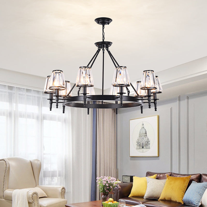Faceted Crystal Hanging Lamp Kit Classic Conic Living Room Chandelier Lighting with Metal Ring Design