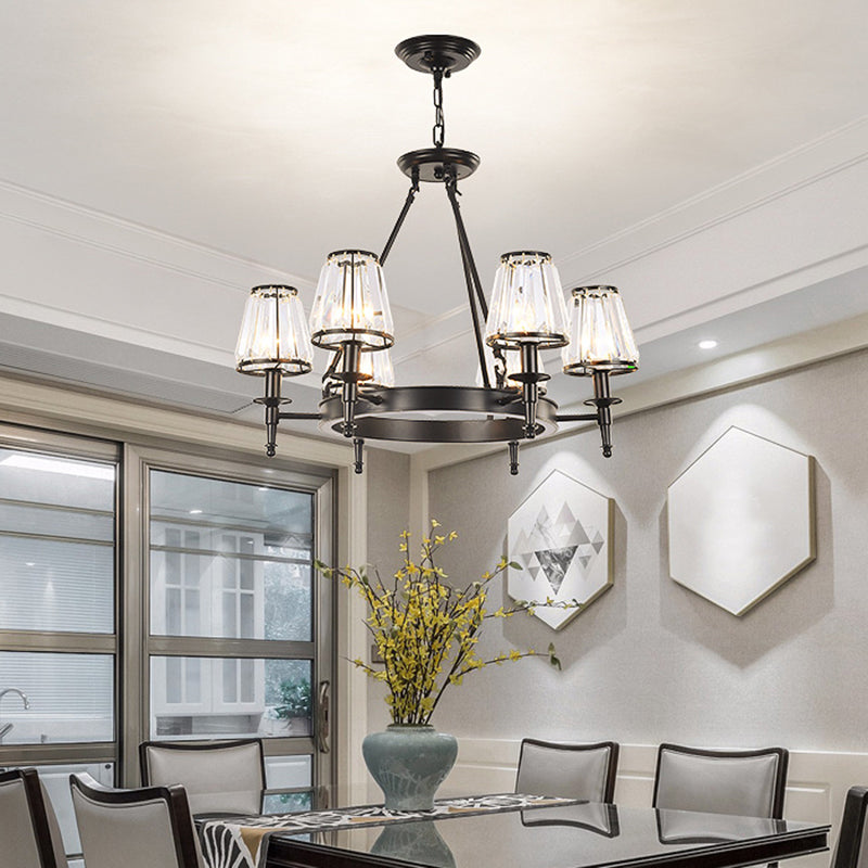 Faceted Crystal Hanging Lamp Kit Classic Conic Living Room Chandelier Lighting with Metal Ring Design