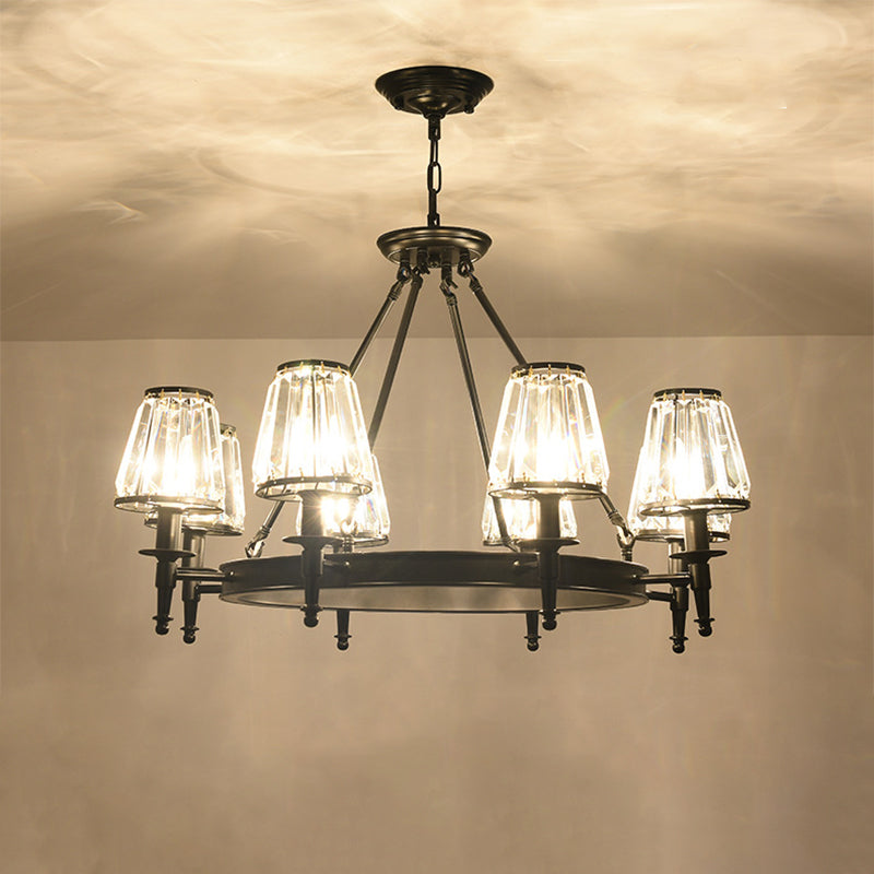Faceted Crystal Hanging Lamp Kit Classic Conic Living Room Chandelier Lighting with Metal Ring Design
