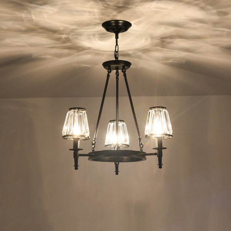 Faceted Crystal Hanging Lamp Kit Classic Conic Living Room Chandelier Lighting with Metal Ring Design