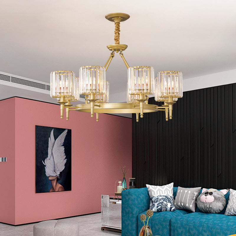 Beveled Crystal Hanging Chandelier Cylinder Traditional Suspension Pendant Light for Living Room