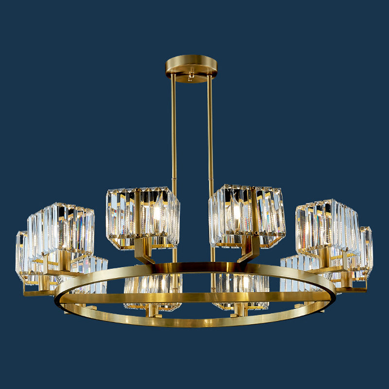 4/8/10-Bulb Crystal Rectangle Pendant Lamp Postmodern Gold Circular Dining Room Chandelier