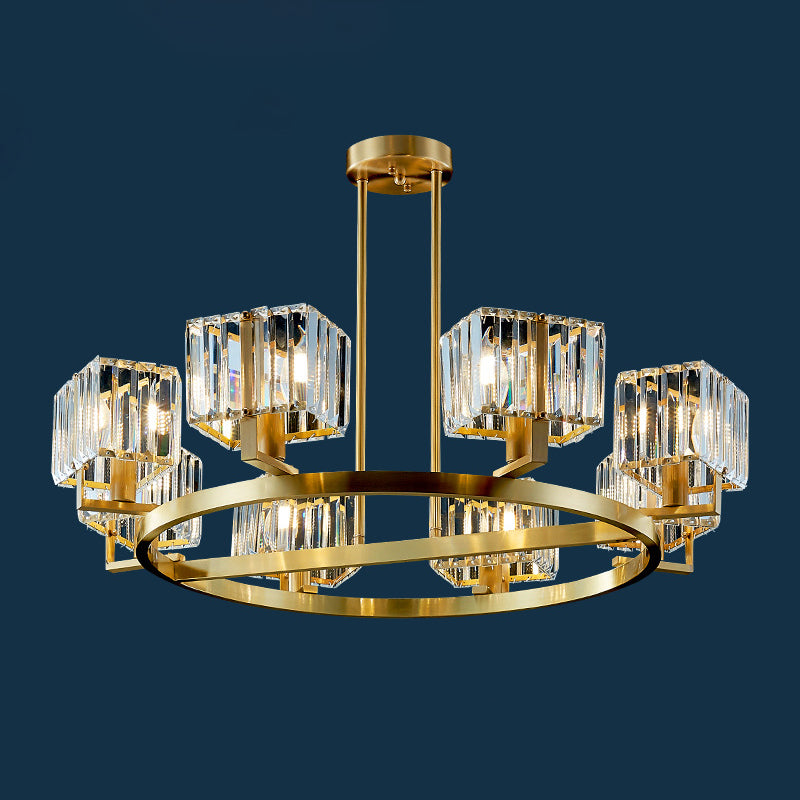 4/8/10-Bulb Crystal Rectangle Pendant Lamp Postmodern Gold Circular Dining Room Chandelier