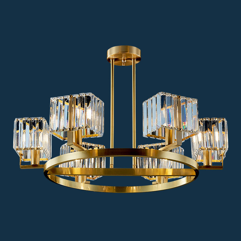 4/8/10-Bulb Crystal Rectangle Pendant Lamp Postmodern Gold Circular Dining Room Chandelier