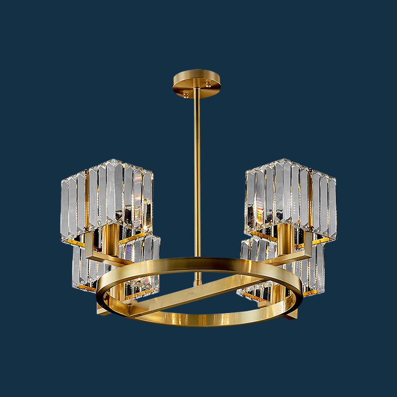 4/8/10-Bulb Crystal Rectangle Pendant Lamp Postmodern Gold Circular Dining Room Chandelier