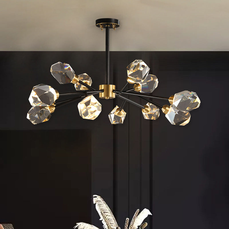 9-Bulb Clear Crystal Pendant Lighting Modern Brass Gem Shaped Living Room Chandelier Light Fixture