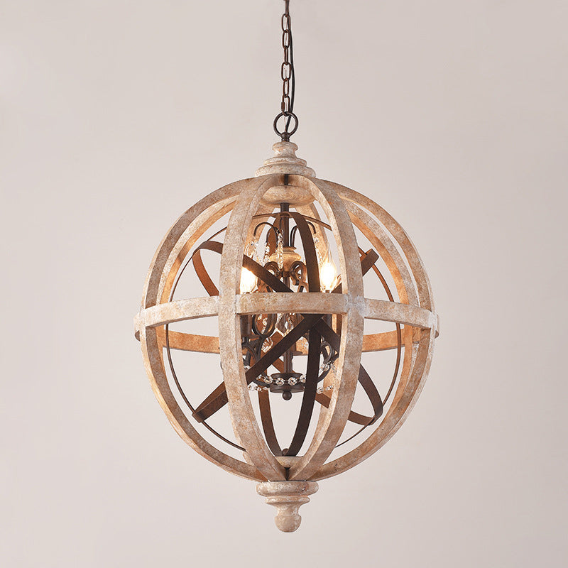 5-Light Wood Drop Pendant Classic Ared White Globe Cage Cage Chandroom Chandelier Lighting avec accent cristallin